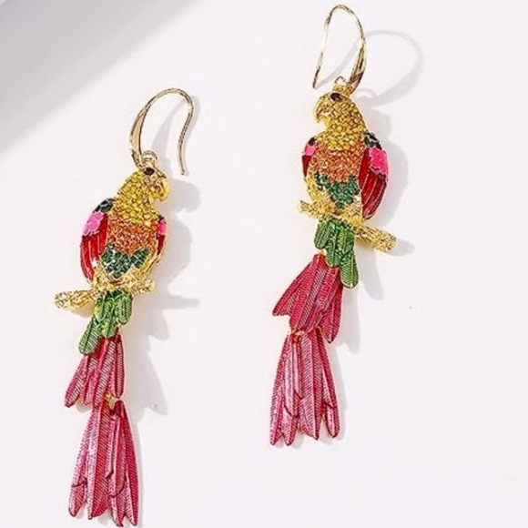 Colorful Parrot Multicolor Pave Rhinestone Bohemian Wire Earrings Statement New - Picture 2 of 5